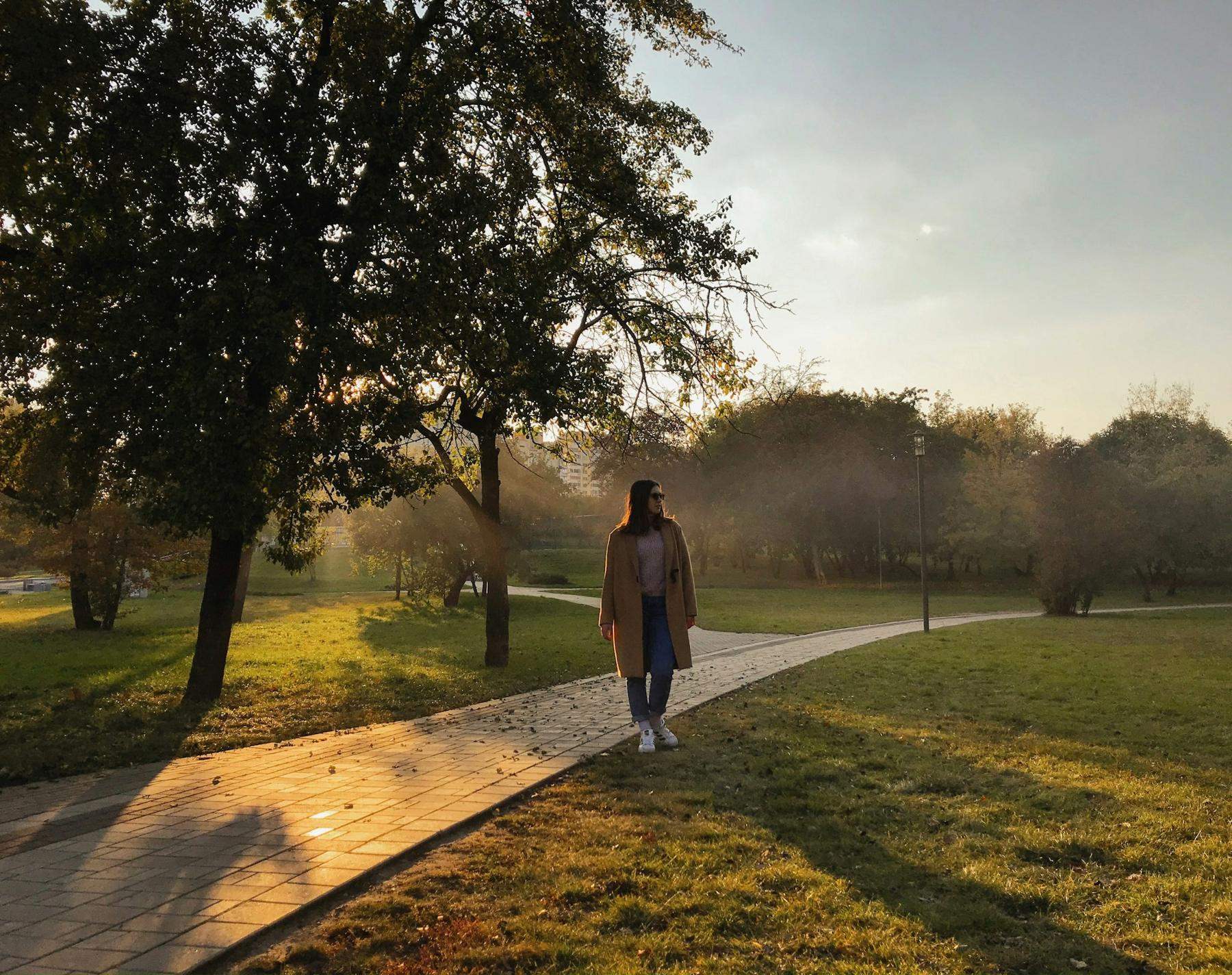 A person walking along a park path towards low evening sun