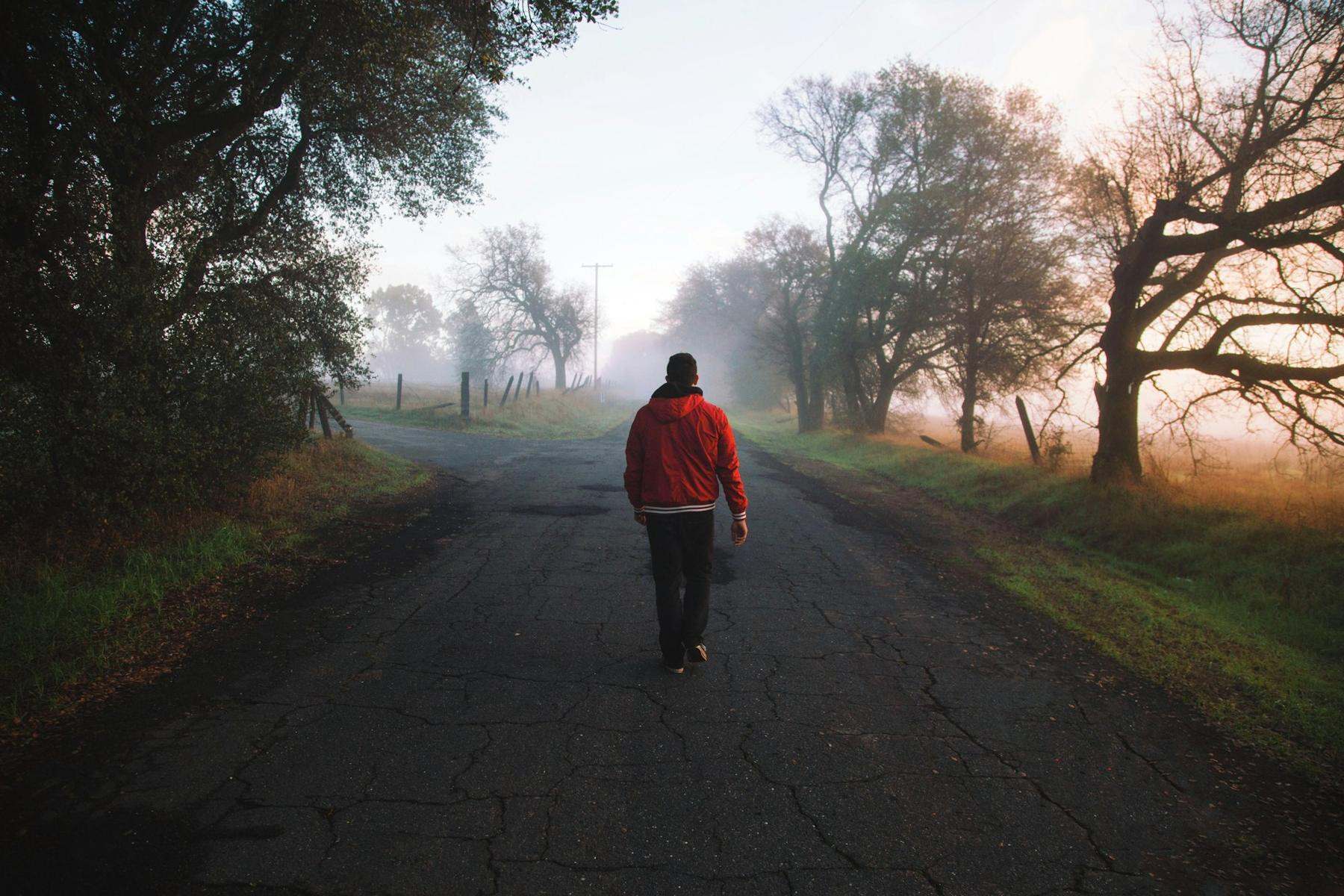 A person walking alone up a misty road